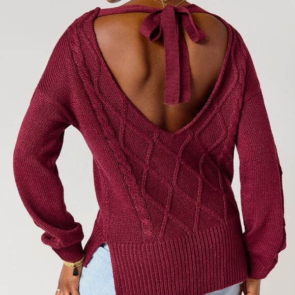 Jonnie Deep V Cable Knit Burgundy Sweater - Picture 2 of 4